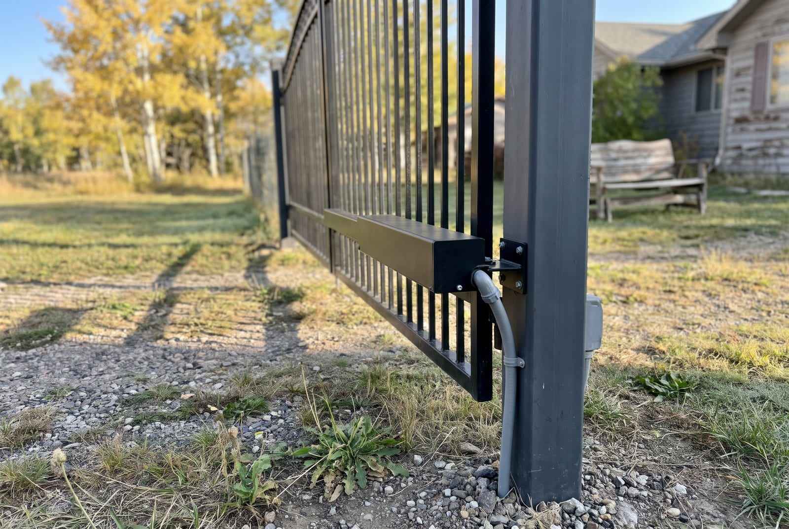Swing-gate operator arm mounted between a square steel post and a black wrought-iron gate, its wiring in gray conduit