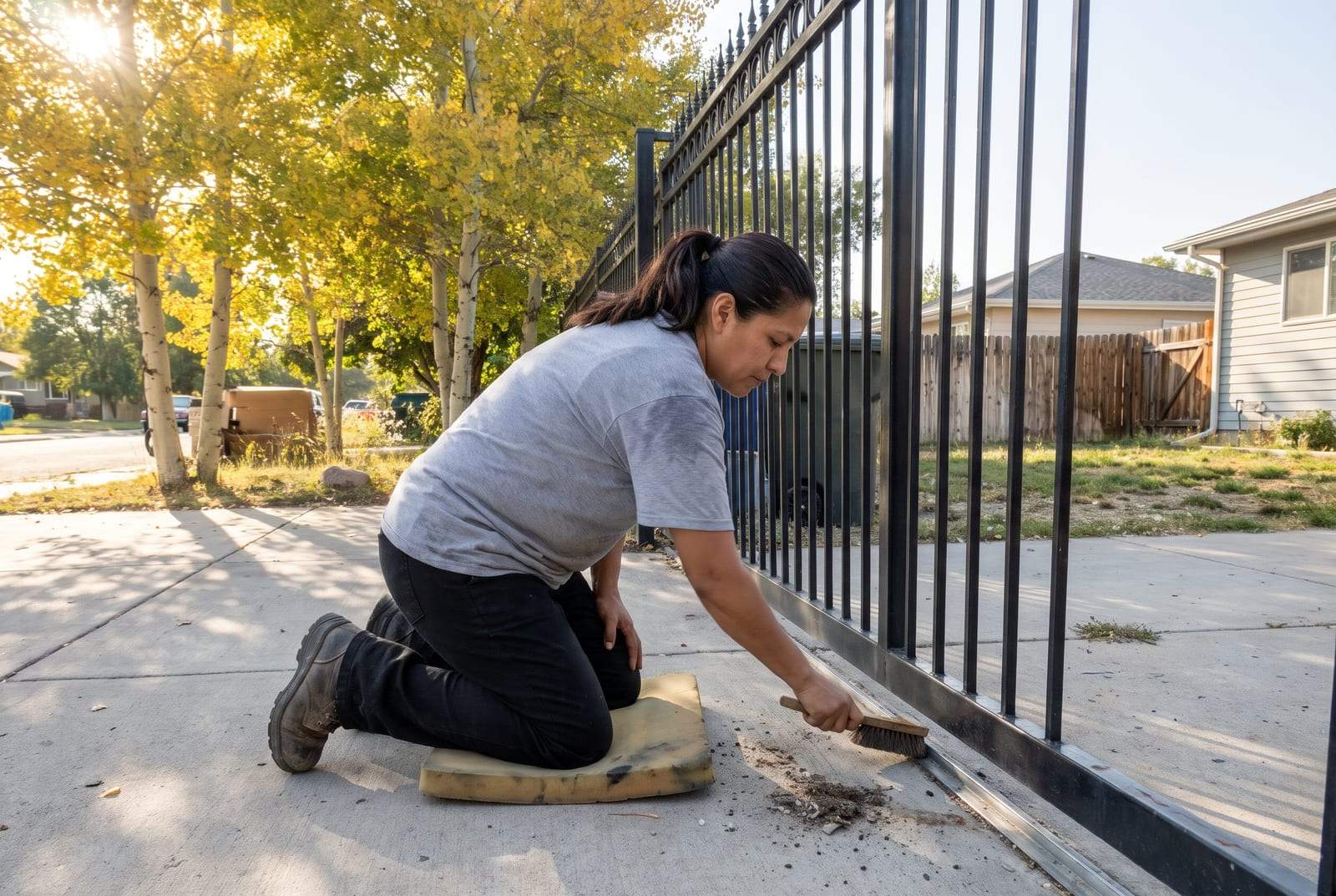 Technician kneeling on a pad to brush grit out of a sliding gate’s ground track